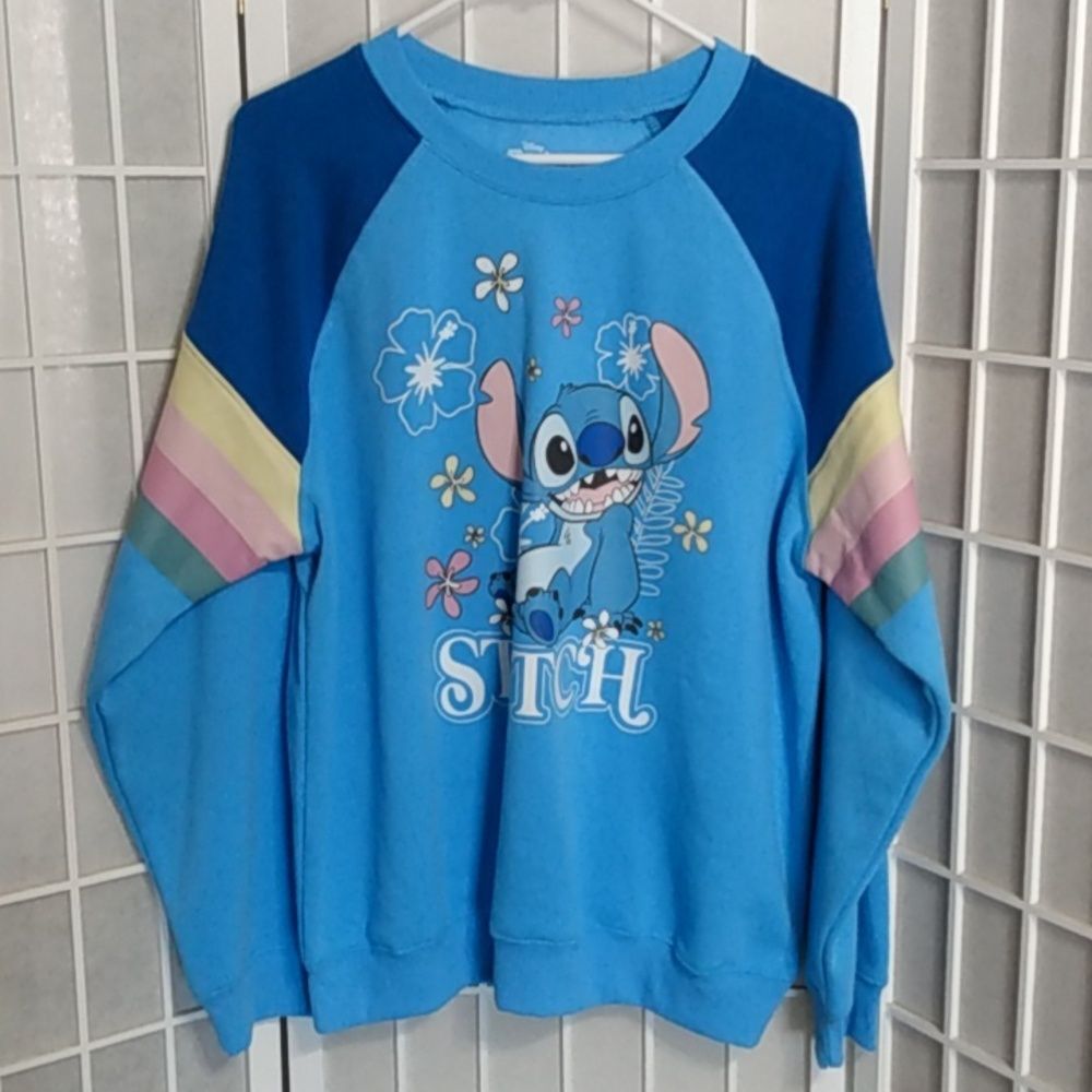 Disney Stitch Rainbow Stripe Raglan Sweatshirt Women's Size L‎ Blue